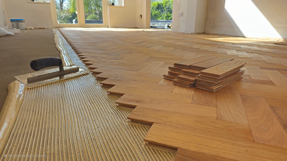 Scène d'atelier de rénovation avec parquet en bois ancien démonté et éparpillé sur sol poussiéreux
