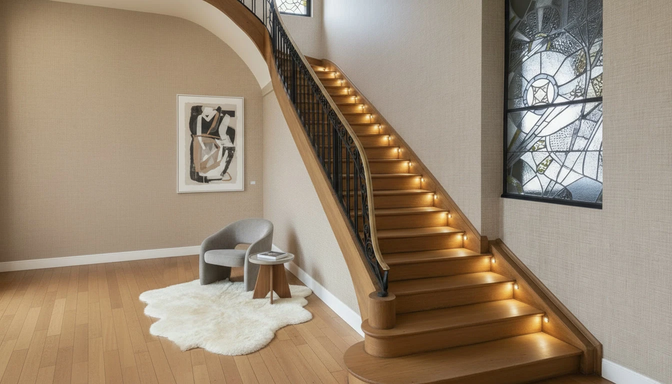 Parquet en bois massif présentant un motif géométrique en étoile à huit branches